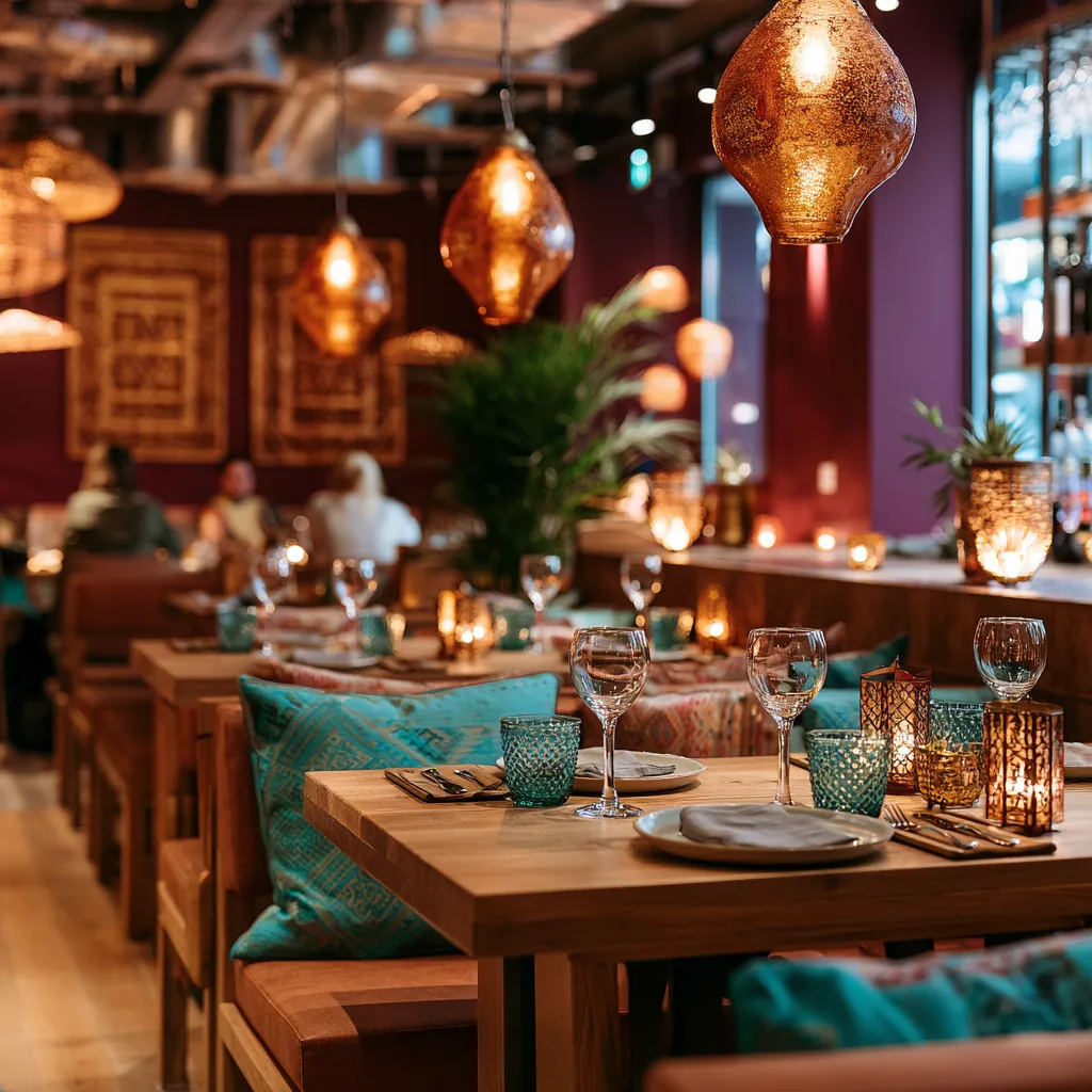 Innenraum des Samarkand Restaurants in München-Haidhausen – Bordeaux, Türkis und Gold